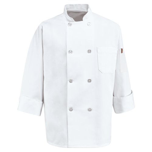 Red Kap 0413 White Chef Coat with Eight Pearl Buttons and Thermometer Pocket on Left Sleeve